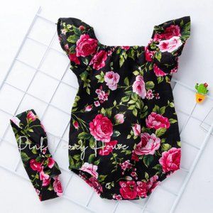 NWT 12m Pink Black White Floral Flutter Bubble One Piece Leo Romper Outfit